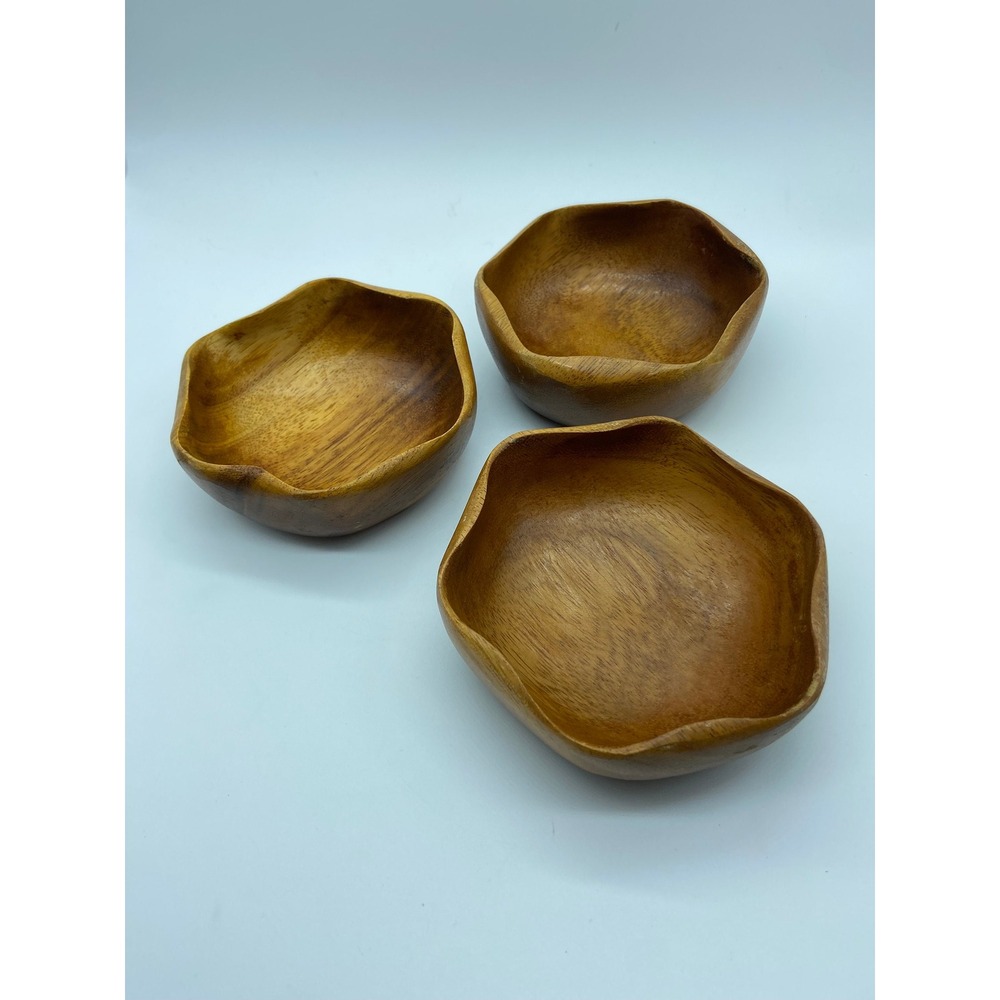Wooden Scalloped  Flower Bowls Salad Trinket Boho Set of 3 Vintage Monkey Pod